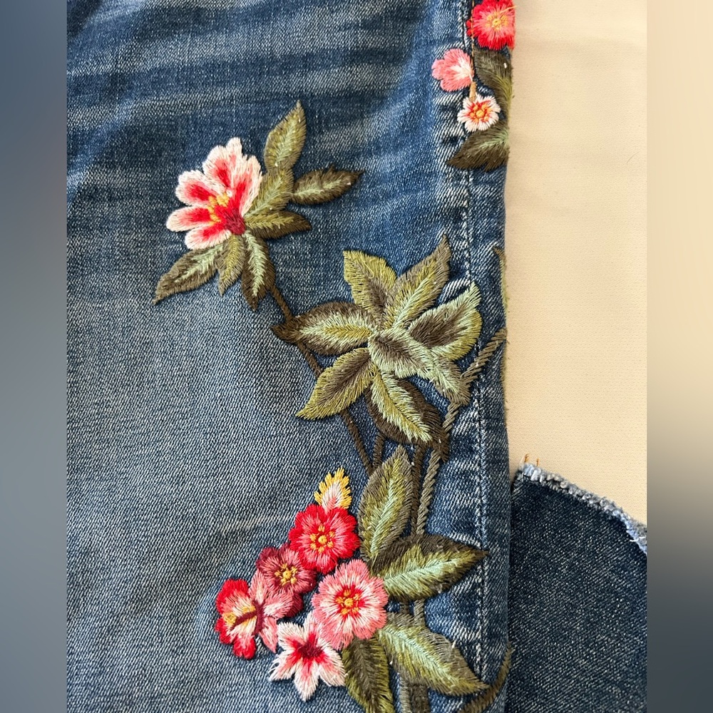 DRIFTWOOD Blue Boot Cut Jeans with Pink Floral Embroidery - Picture 2 of 11